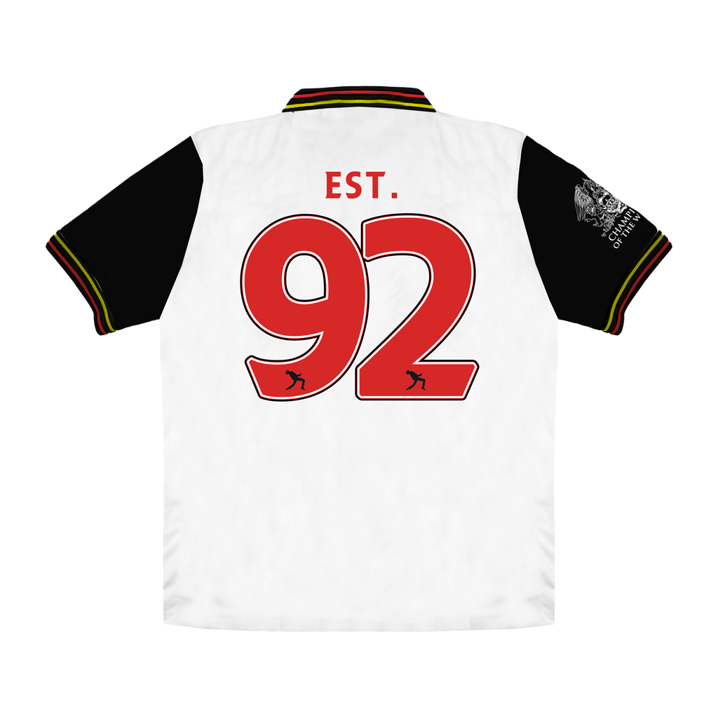 White sports jersey with red '92' and 'EST.' text 