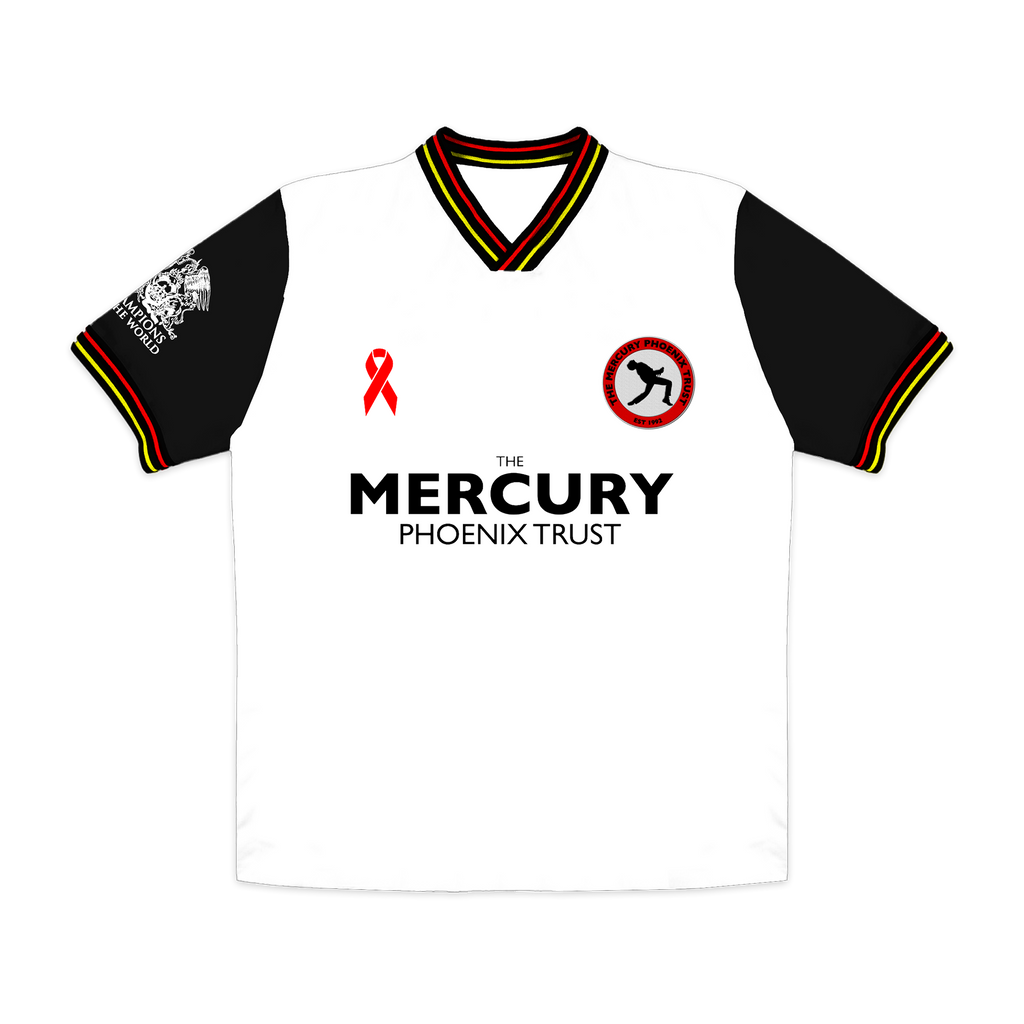 White sports jersey with black sleeves featuring logos 