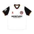 White sports jersey with black sleeves featuring logos 