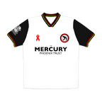 White sports jersey with black sleeves featuring logos 