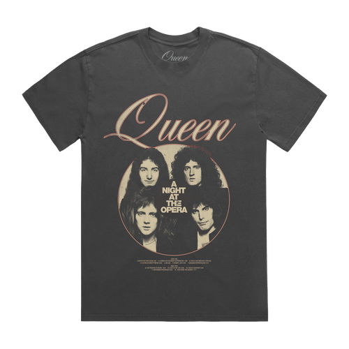 Faded black t-shirt with Queen band logo and 'A Night at the Opera' graphic on front print 
