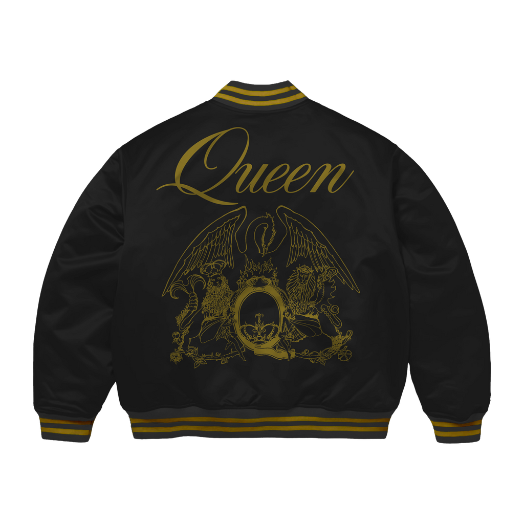 Black Bomber Jacket with yellow queen logo and crest 