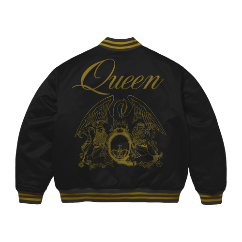 Black Bomber Jacket with yellow queen logo and crest 