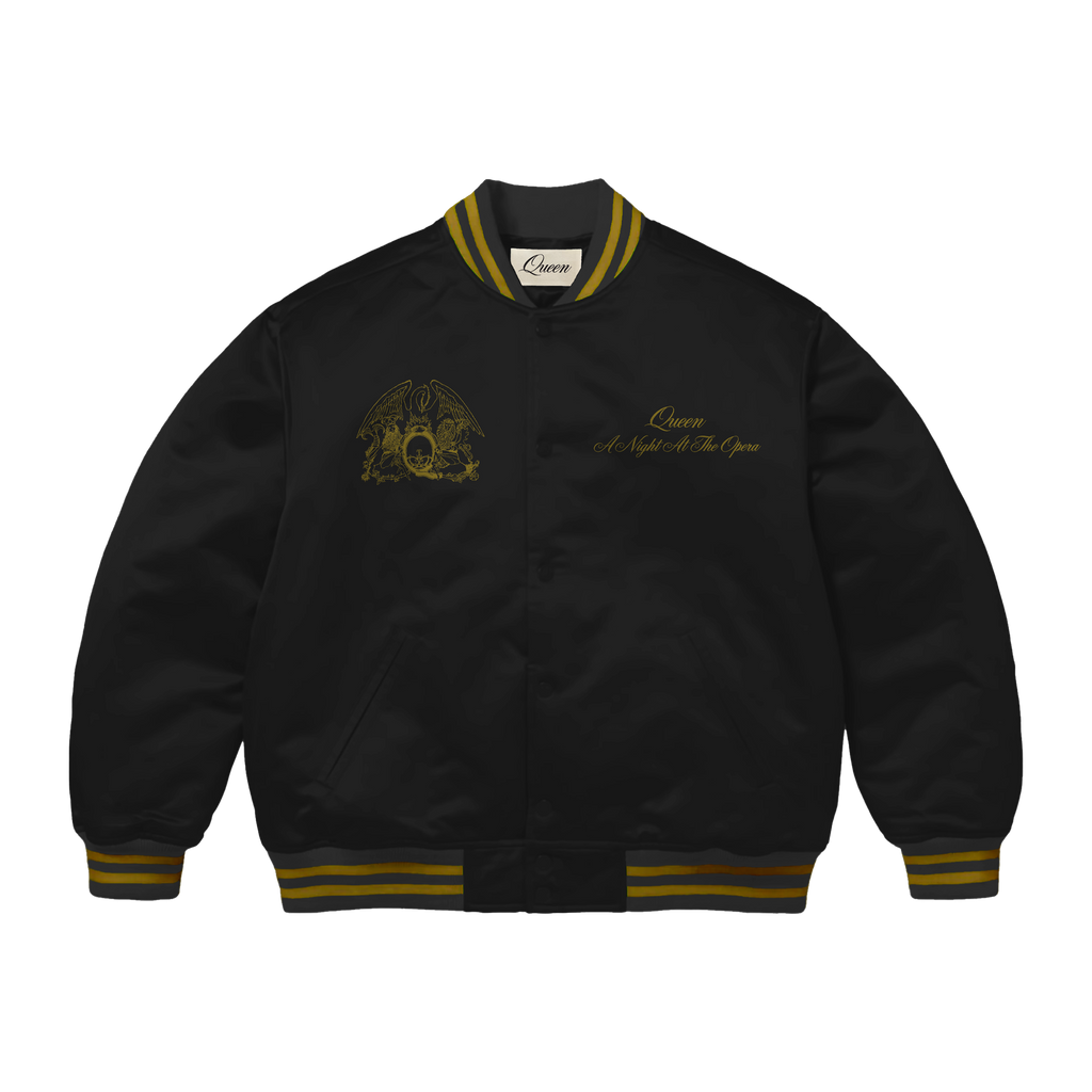 Black Bomber Jacket with yellow queen logo and crest 