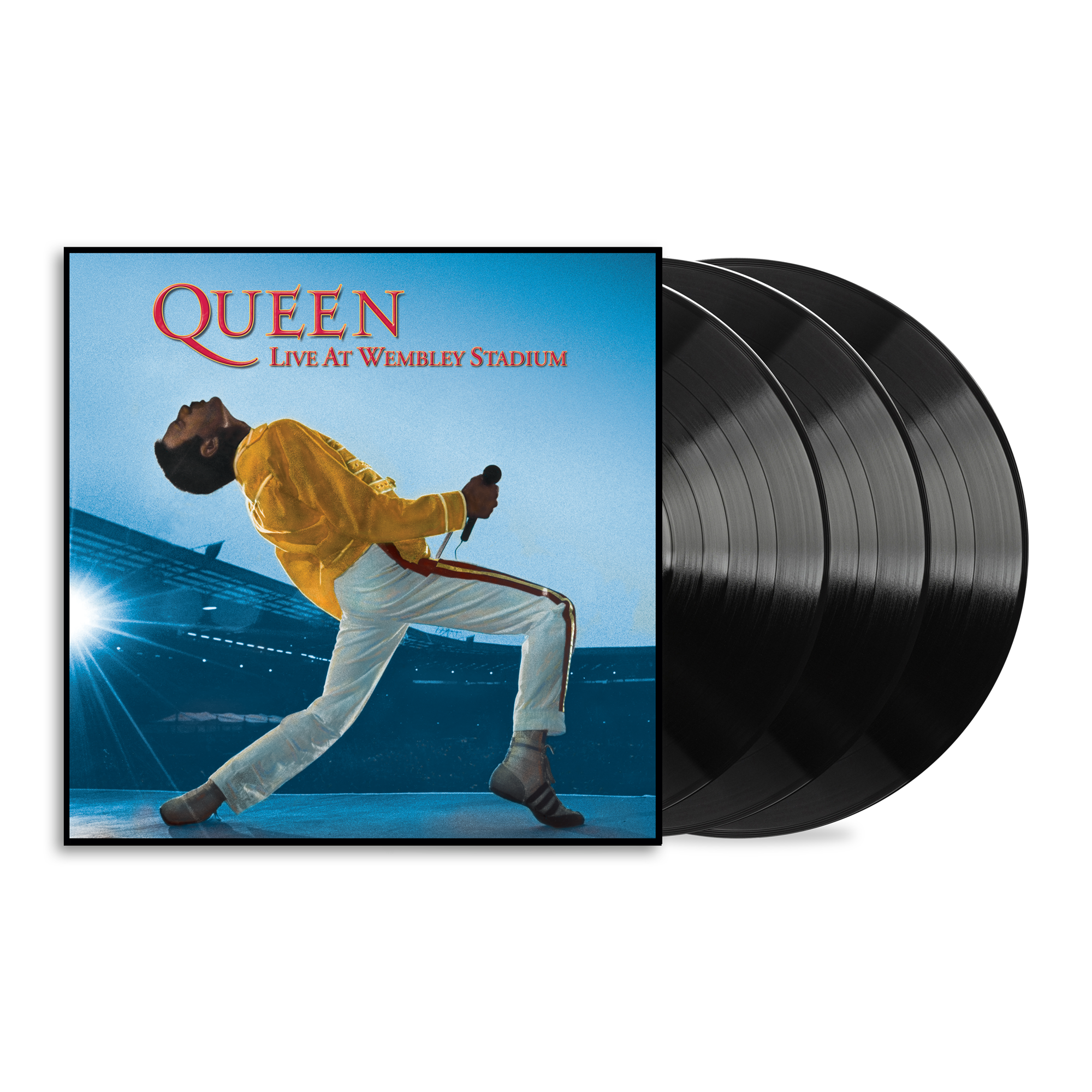 Queen - Live At Wembley Stadium vinyl record album with the square cover art showing Freddie Mercury in a yellow jacket and white pants against a blue stadium background, alongside two black vinyl records partially visible.